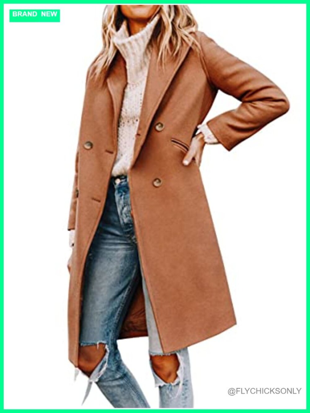 Women's Notched Lapel Double Breasted Pea Coat Mid Long Wool Blend Coat